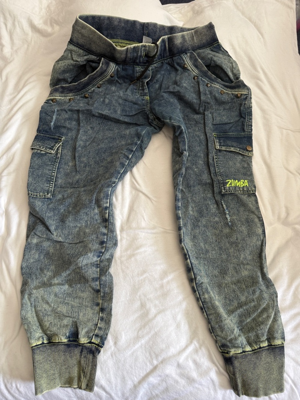 Zumba Fitness Washed Blue Cargo Jogger Pants with Lime Logo